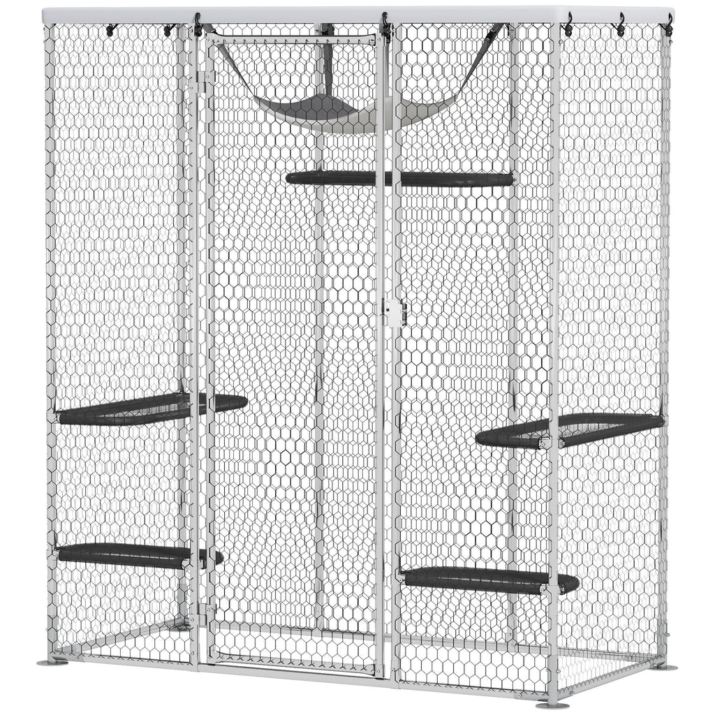 Catio Outdoor Cat Enclosure, Galvanized Steel Walk-in Cat Cage with Waterproof Cover, 5 Adjustable Platforms, Hammock