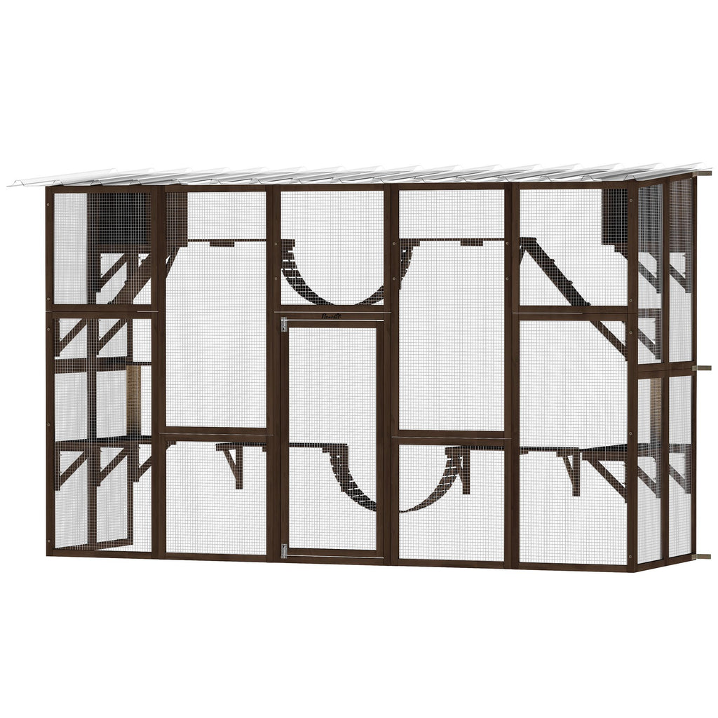 Catio Playground Cat Window Box Outside Enclosure for Multiple Cats w/ Shelves & Bridges, Coffee Brown