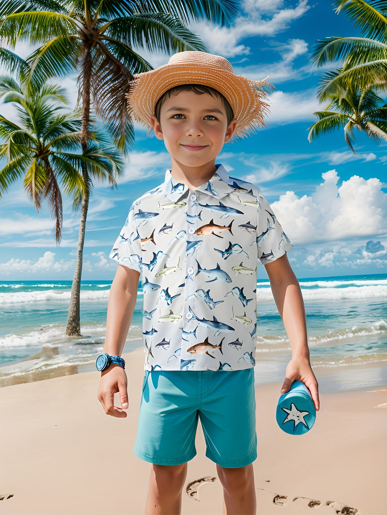 Boy's Shark Fish Pattern Cute Shirt, Kids Short Sleeve Button Down Comfy Casual Top Summer Clothes