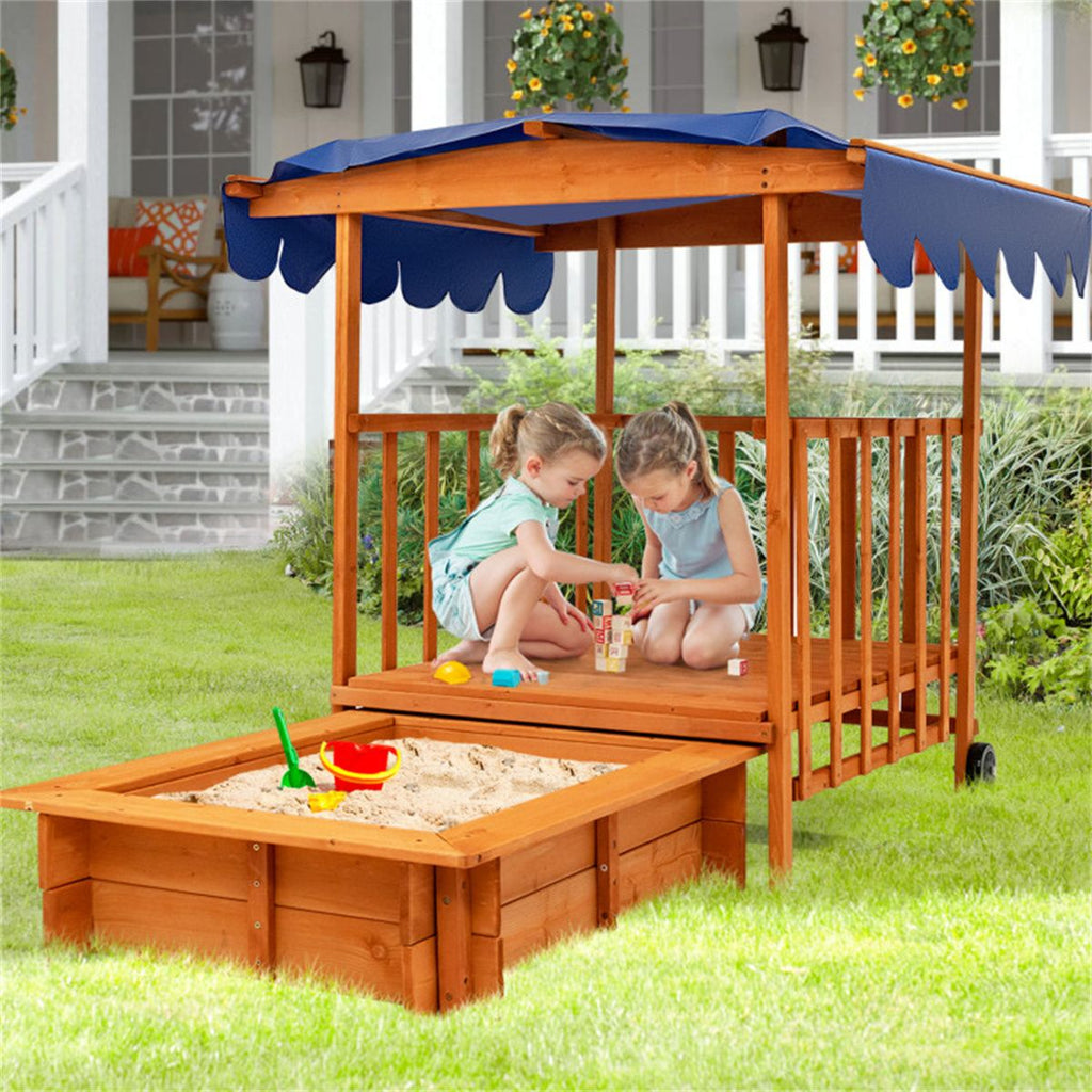 Cedar Wood Kids Sandpit with Playhouse & Canopy, Sandbox with Rear Wheels, Natural+Blue