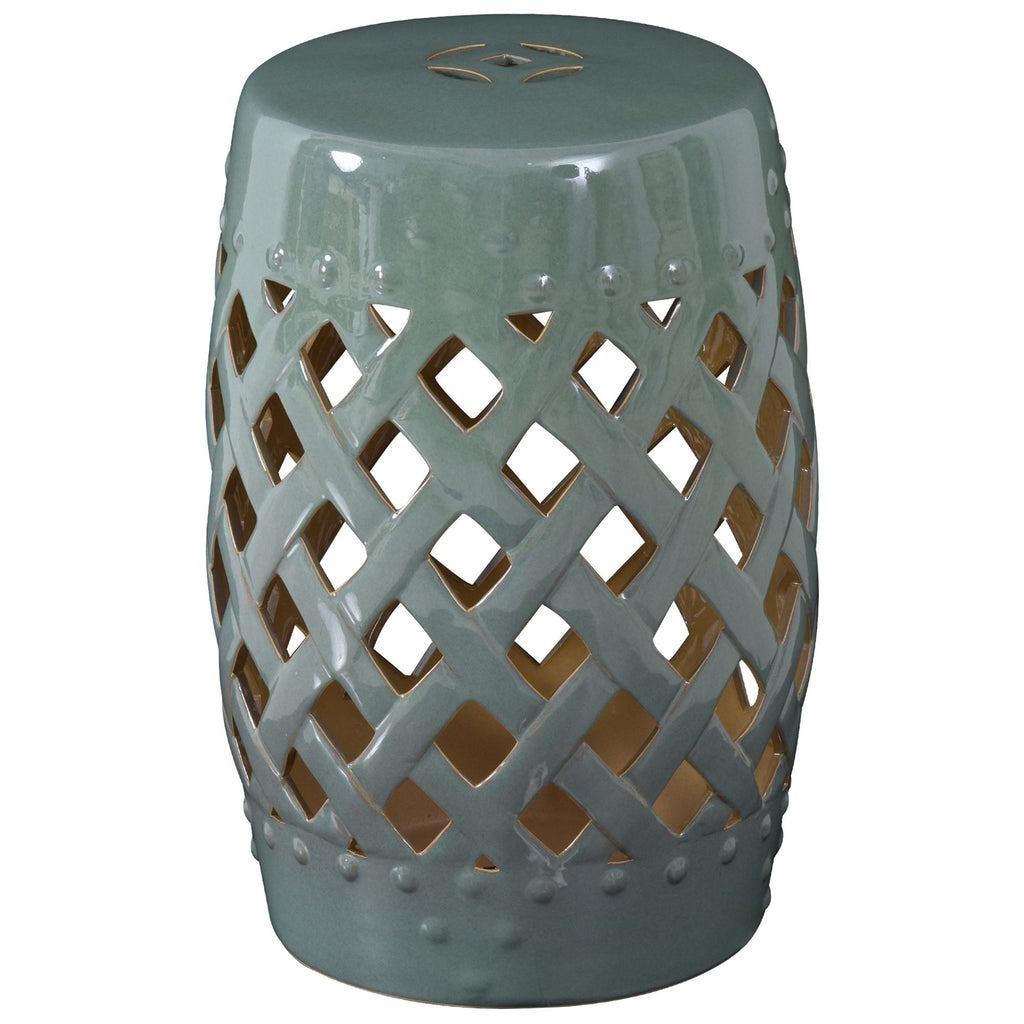 Ceramic Side Table Garden Stool 13" x 18" Green with Knotted Ring Design