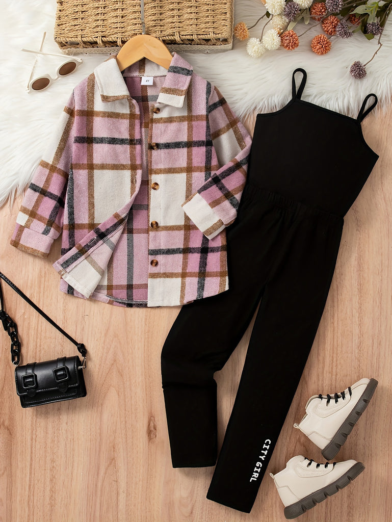 Trendy Girl 3PCS, Plaid Jacket Shirt + Camisole + Trousers Set - Spring/Fall Clothes, Casual Wear, Party, Gift