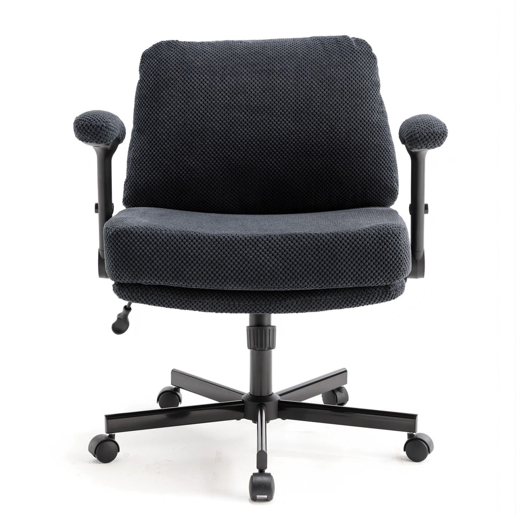 Chair with Wheels and Flip Arms-Comfy Fabric Cross Legged Office Chair with Thick Cushion&Wide Seat, Adjustable Swivel Desk Chair for Home Office, Apartment, Bedroom, Black