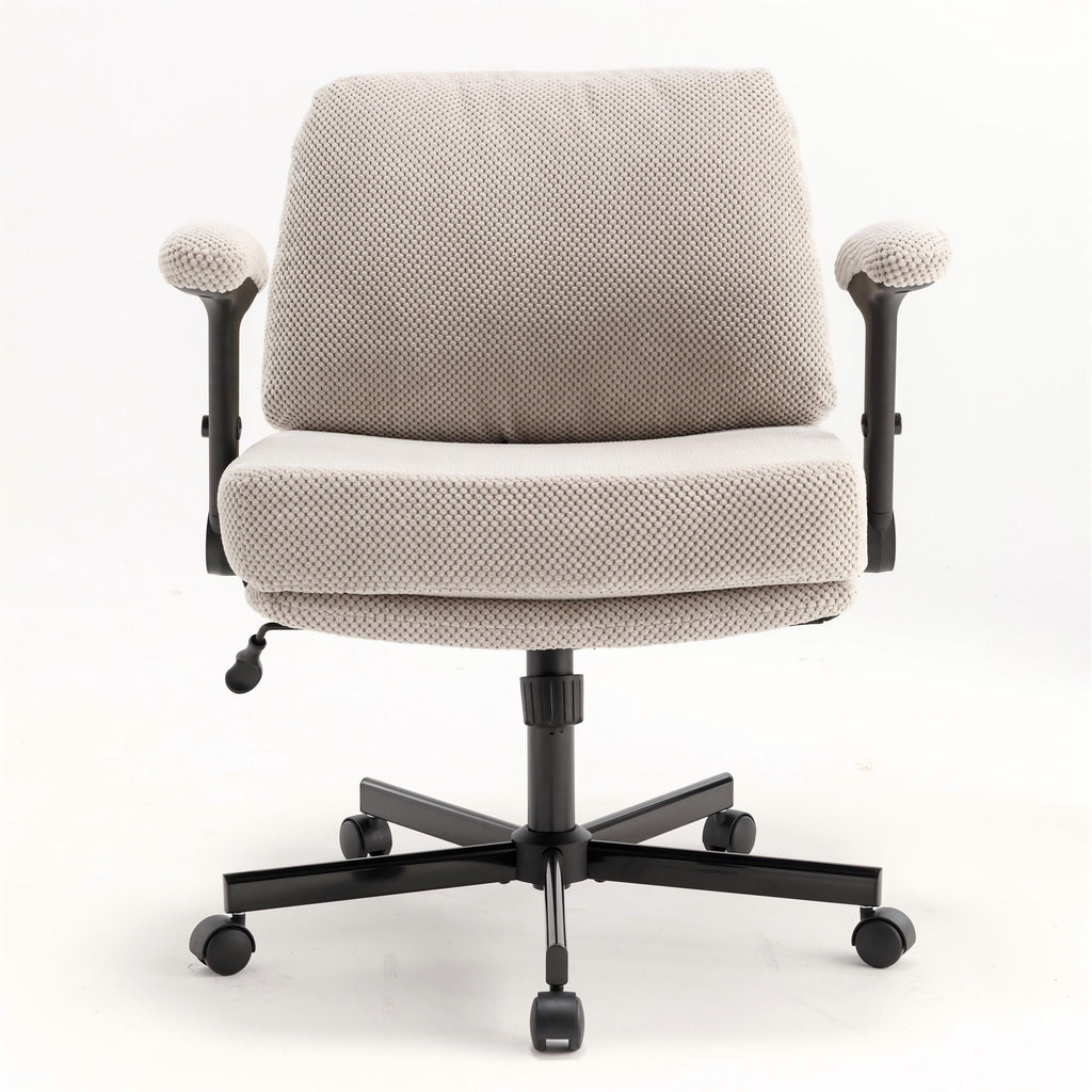 Chair with Wheels and Flip Arms-Comfy Fabric Cross Legged Office Chair with Thick Cushion&Wide Seat, Adjustable Swivel Desk Chair for Home Office, Apartment, Bedroom, KHAKI