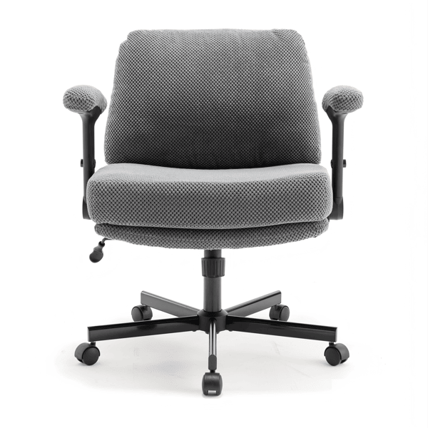 Chair with Wheels and Flip Arms-Comfy Fabric Cross Legged Office Chair with Thick Cushion&Wide Seat, Adjustable Swivel Desk Chair for Home Office, Apartment, Bedroom