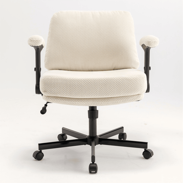 Chair with Wheels and Flip Arms-Comfy Fabric Cross Legged Office Chair with Thick Cushion&Wide Seat, Adjustable Swivel Desk Chair for Home Office, Apartment, Bedroom