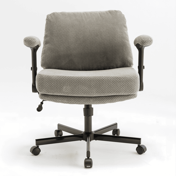 Chair with Wheels and Flip Arms-Comfy Fabric Cross Legged Office Chair with Thick Cushion&Wide Seat, Adjustable Swivel Desk Chair for Home Office, Apartment, Bedroom