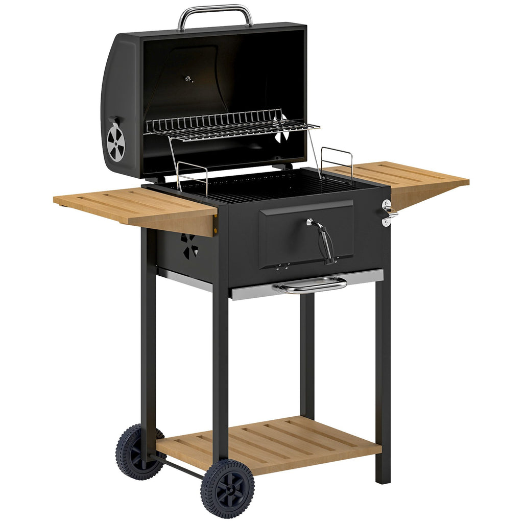 Charcoal BBQ Grill with 245 sq.in. Cooking Area, Outdoor Barbecue Grill with Adjustable Charcoal Pan, 3 Shelves, Thermometer, Wheels for Patio Backyard Party Picnic, Black