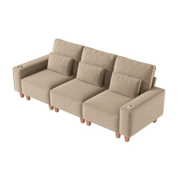 Chenille Deep Seat 3-Seater Sofa with Brushed Stainless Steel Cup Holders and 3 Decorative Pillows, Modern Comfortable Couch for Living Room