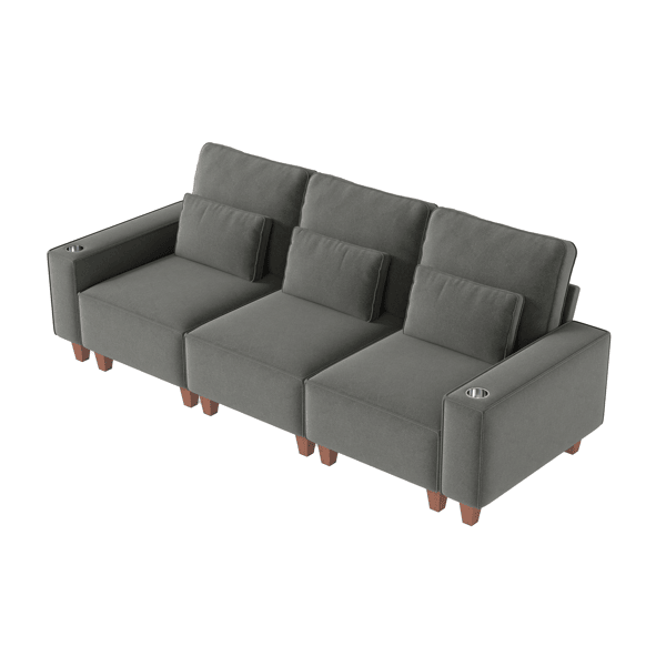 Chenille Deep Seat 3-Seater Sofa with Brushed Stainless Steel Cup Holders and 3 Decorative Pillows, Modern Comfortable Couch for Living Room