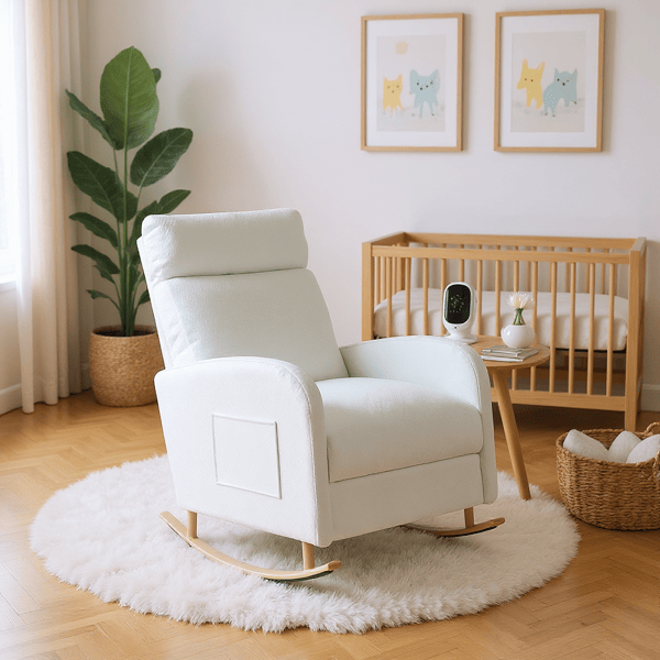 Chenille Upholstered Rocking Chair with Metal Legs and Side Storage Pocket – Modern Comfort & Function