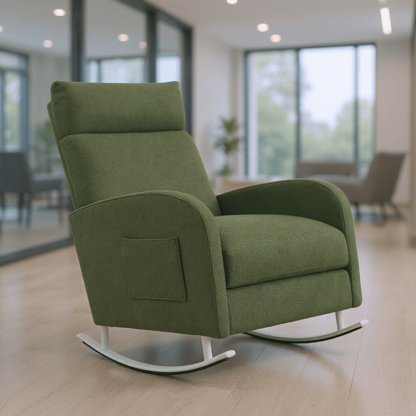 Chenille Upholstered Rocking Chair with Metal Legs and Side Storage Pocket – Modern Comfort & Function