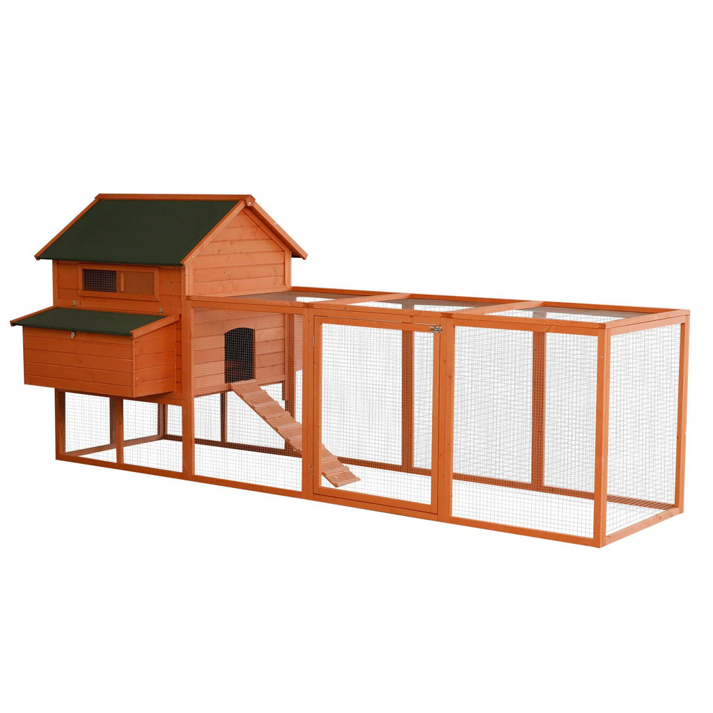 Chicken Coop 137" XL Solid Wood Chicken House, Outdoor Lockable Chicken Coop Kit with Nesting Box & Run, Poultry Cage for Backyard, Orange