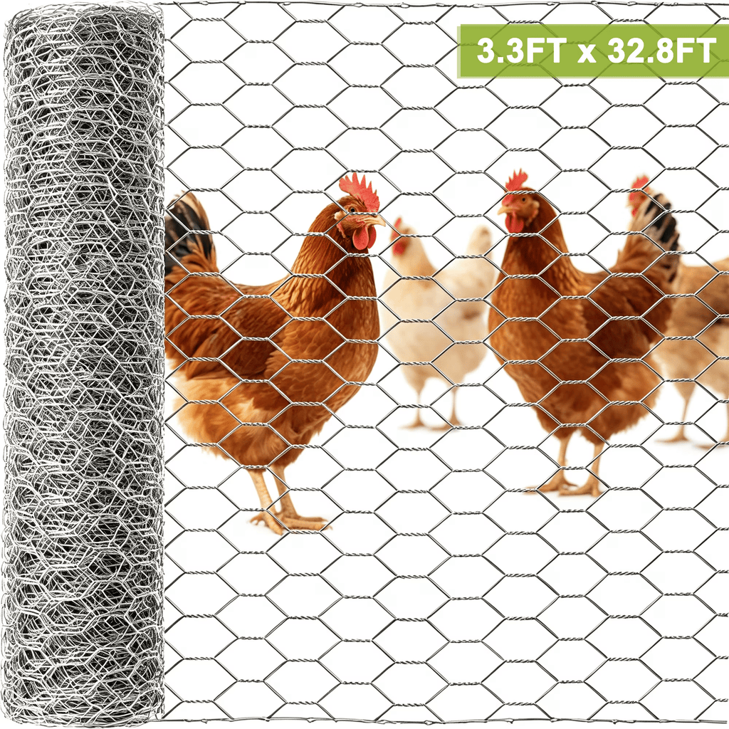Chicken Wire Mesh Roll 3.3ft x 32.8ft, Galvanized Rustproof Hexagonal Wire MeshforGardening, Cages, Fencing, Compost Bins, Gutter Guards