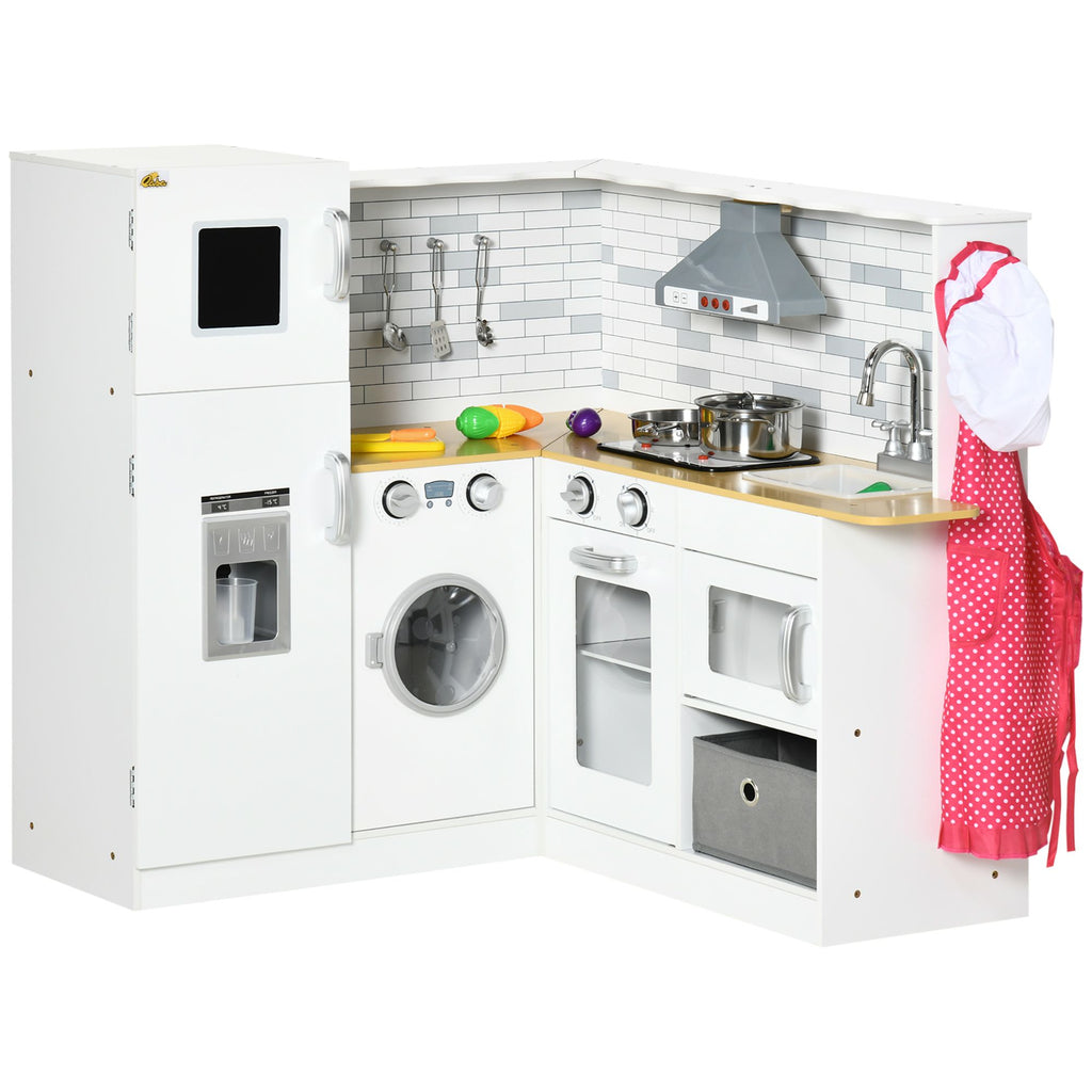 Children's Play Kitchen | Wooden Set with Lights & Sounds | Features Storage, Ice Maker, Refrigerator & Washing Machine | White