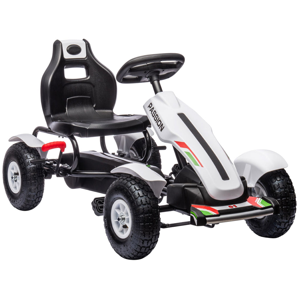 Childrens White Go Kart Pedal Ride-On Toy with Adjustable Seat Sharp Handling Handbrake Non-Slip Rubber Wheels