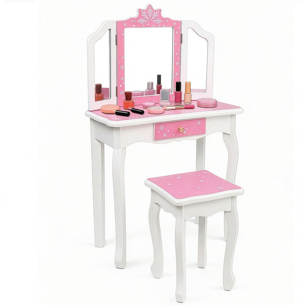 Children's Wooden Dressing Table Three-Sided Folding Mirror Dressing Table Chair Single Drawer Blue Snowflake Style