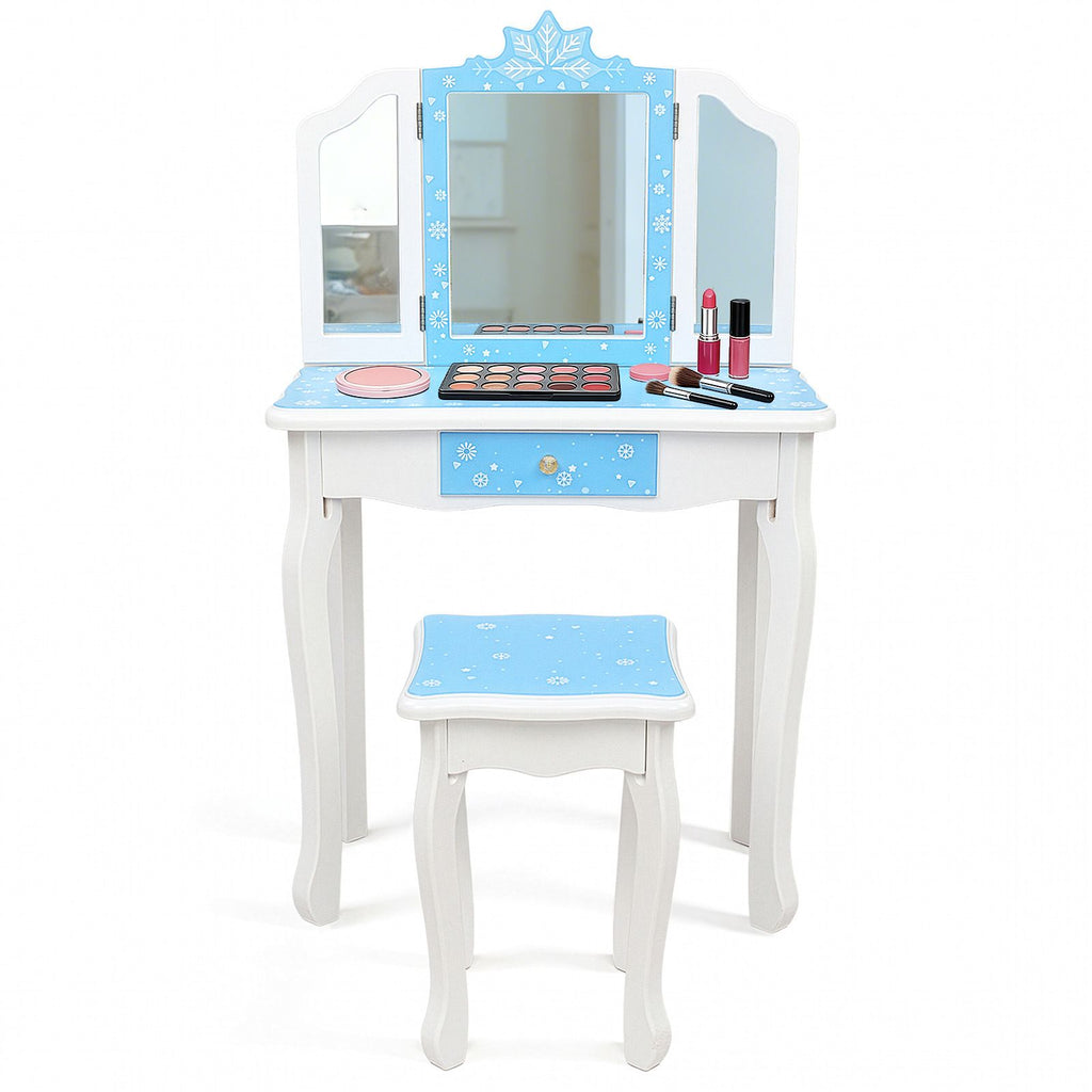 Children's Wooden Dressing Table Three-Sided Folding Mirror Dressing Table Chair Single Drawer Blue Snowflake Style