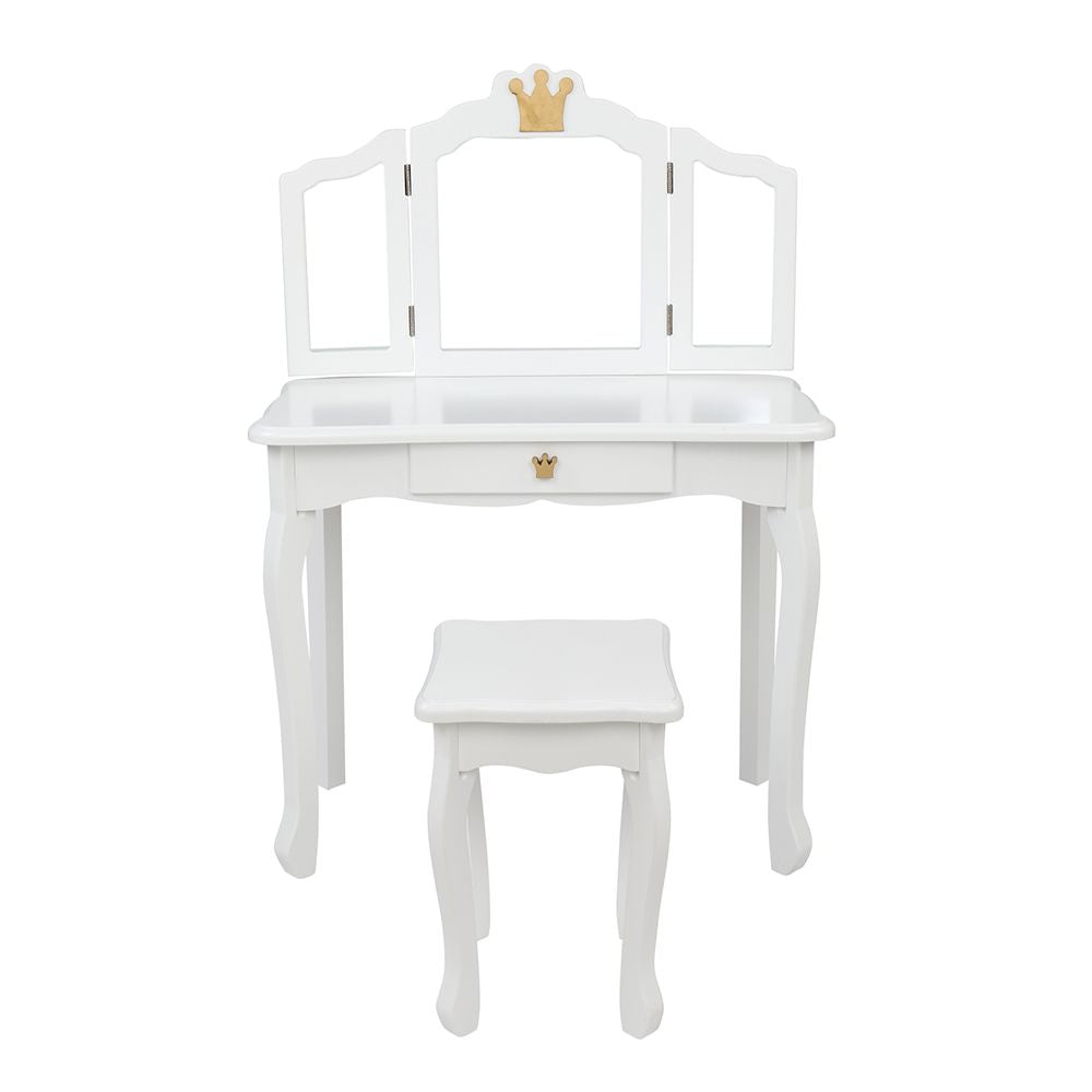Children's Wooden Dressing Table Three-Sided Folding Mirror Dressing Table Chair Single Drawer White Crown Style