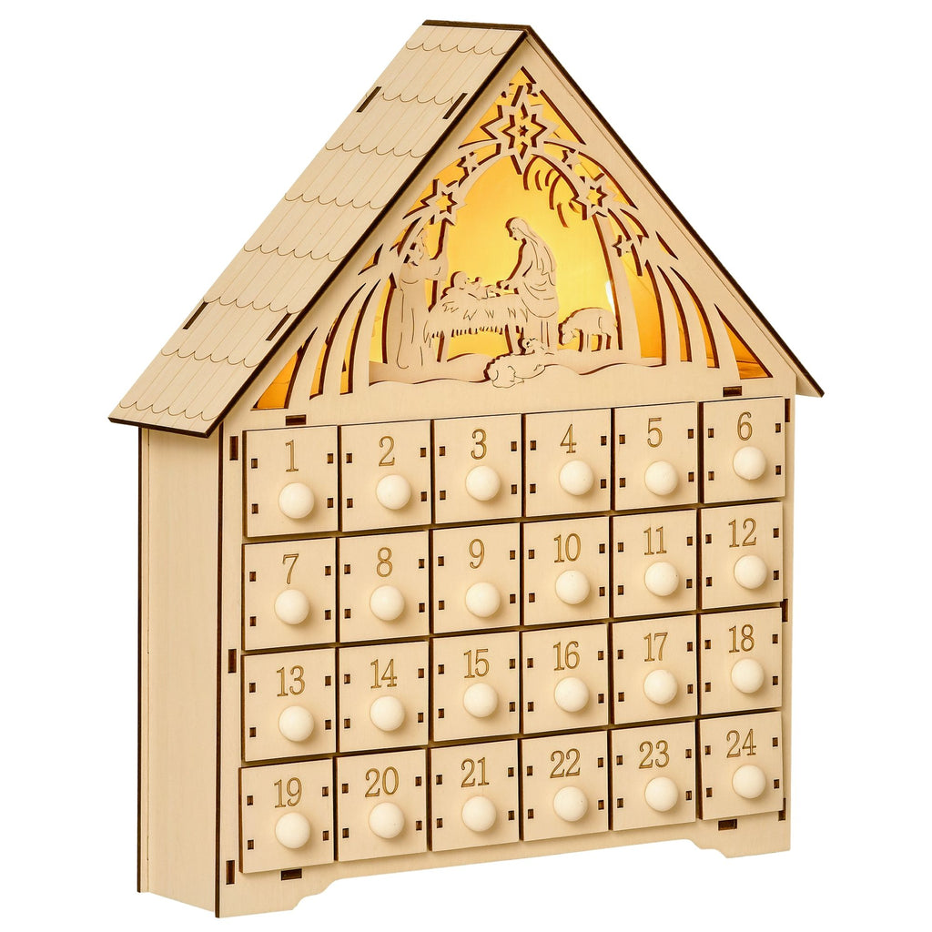Christmas Advent Calendar, Light Up Manger Scene Tabletop Xmas Wooden House Holiday Decoration with Countdown Drawer, Bible Characters, for kids Adults