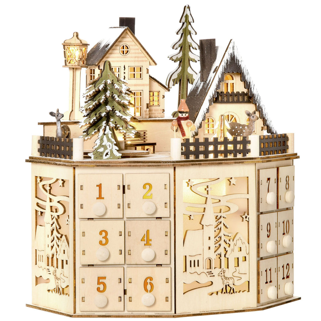 Christmas Advent Calendar, Light Up Table Xmas Wooden Holiday Decoration with Countdown Drawers and Village, for Kids and Adults, Natural