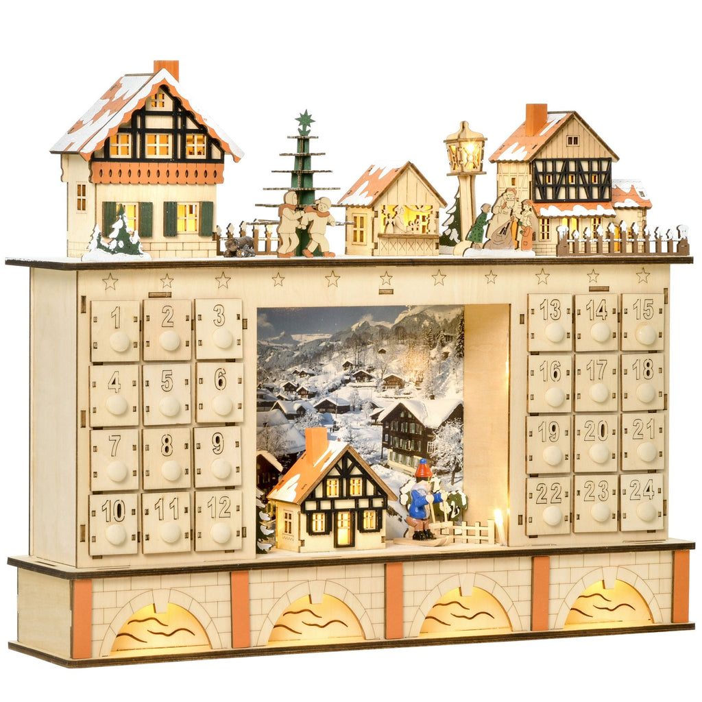 Christmas Advent Calendar, Light Up Table Xmas Wooden Store Holiday Decoration with Countdown Drawer, Village, for Kids and Adults, Natural