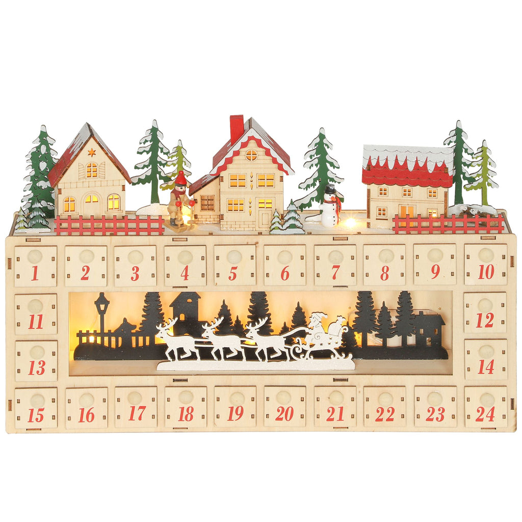Christmas Advent Calendar with 24 Countdown Drawers and LED Lights, Wood-Effect Advent Calendar, Battery Operated