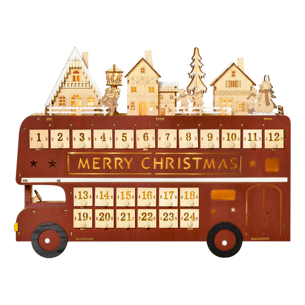 Christmas Advent Calendar Wooden with 12 Drawers Santa Claus Street House Bus Shape