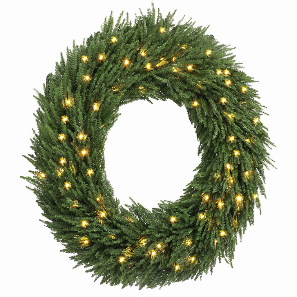 Christmas Decoration, 48 in Pre-Lit Norfolk Pine Artificial Christmas Wreath with 150 LED Lights, Green