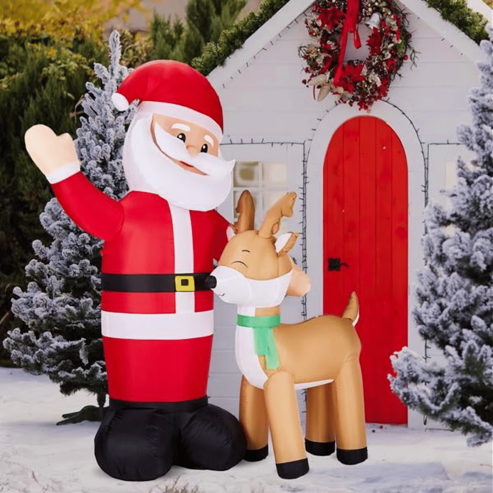 Christmas Inflatable Santa & Reindeer, 4 LED Lights, Waving SantaDesign, Weatherproof Polyester,forYard,Garden, Indoor