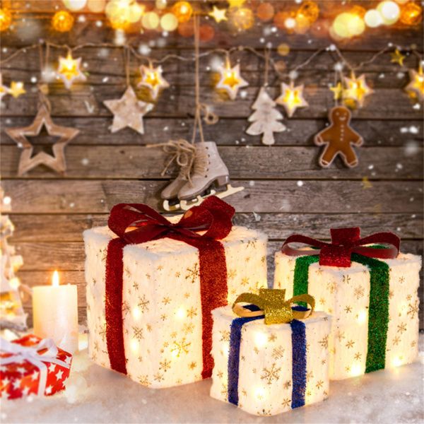 Christmas LED Gift Decor - 3 Stackable Boxes, Sturdy Waterproof Design, Fireplace/Tree/Porch Display
