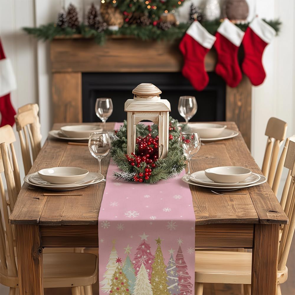 Christmas Table Runner 13x72 Inch, Xmas Trees Snowflakes Holiday Decorative Farmhouse Table Decoration for Kitchen Dinning, Indoor Outdoor Dinner Party Decor