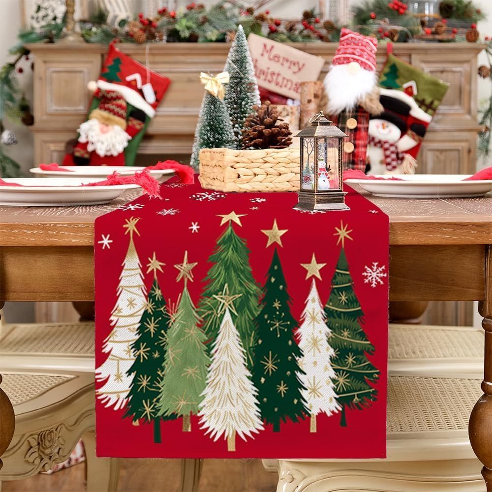Christmas Table Runner 13x72 Inch, Xmas Trees Snowflakes Holiday Decorative Farmhouse Table Decoration for Kitchen Dinning, Indoor Outdoor Dinner Party Decor