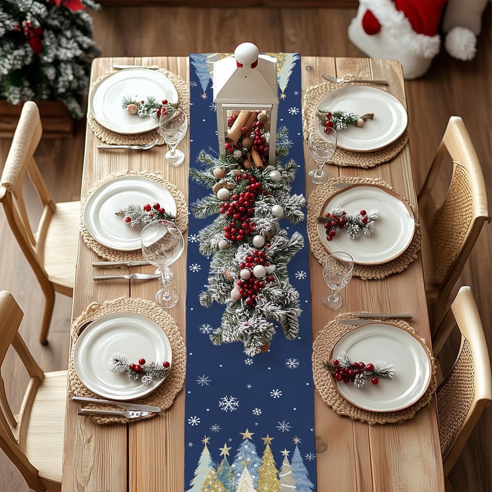 Christmas Table Runner 13x72 Inch, Xmas Trees Snowflakes Holiday Decorative Farmhouse Table Decoration for Kitchen Dinning, Indoor Outdoor Dinner Party Decor