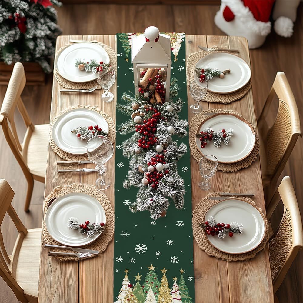 Christmas Table Runner 13x72 Inch, Xmas Trees Snowflakes Holiday Decorative Farmhouse Table Decoration for Kitchen Dinning, Indoor Outdoor Dinner Party Decor