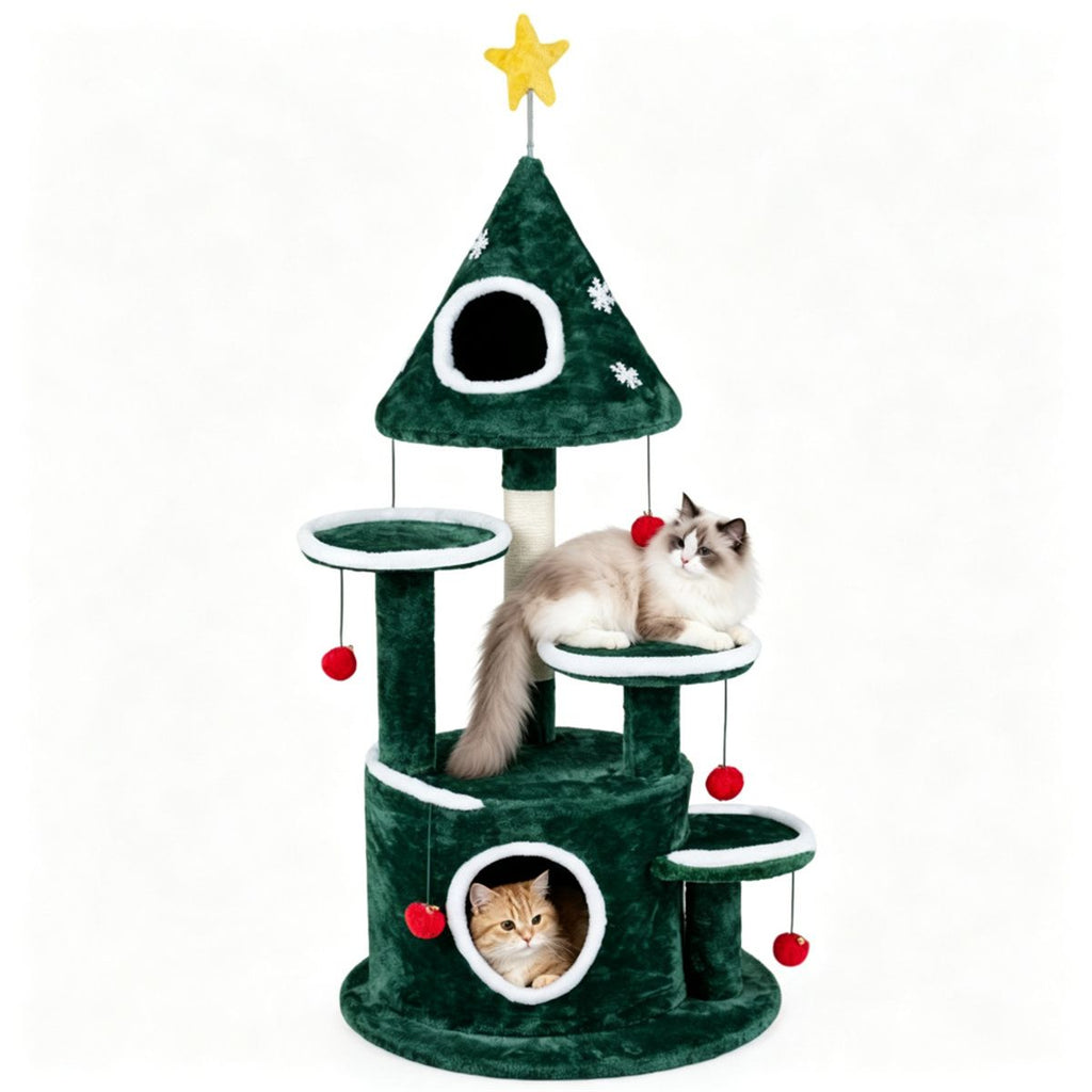 Christmas Themed Cat Tree, 50" Multi-Level Cat Tower with 2 Cozy Plush Condos, Natural Sisal Scratching Post, Hanging Bell Ball & Spring Star Toy, Anti-Tipping Stable Cat Play House for Indoor Cats