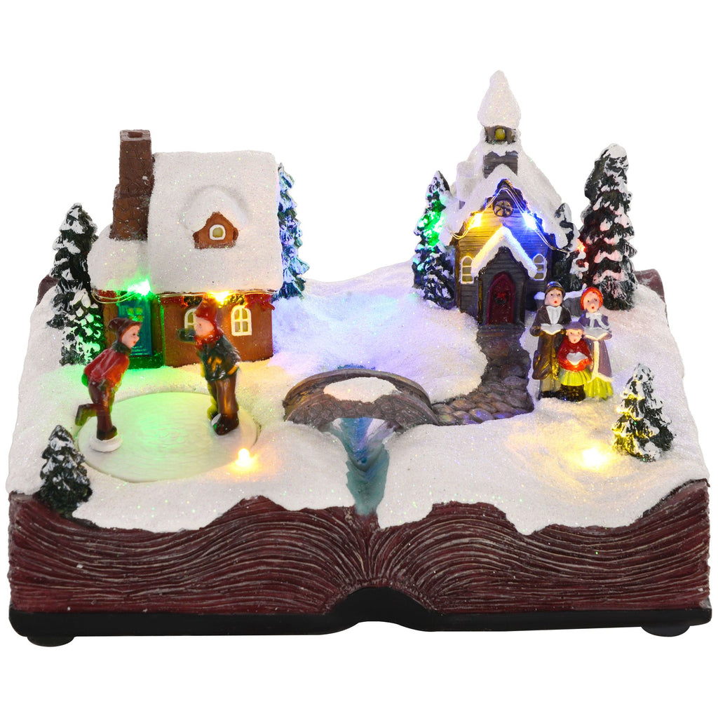 Christmas Village Houses, Battery Operated Santa's House Decoration with LED Lights, Music and Rotating Ice Skaters