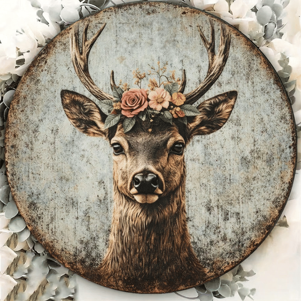 CIFbuy 1pc 8x8in Vintage Deer Head Wreath Sign, "" Deer Head Wreath Sign, Wreath Sign, 2D Flat Round Aesthetic Antler PlaqueTikTok, Temu Self-pickup Logiaqics