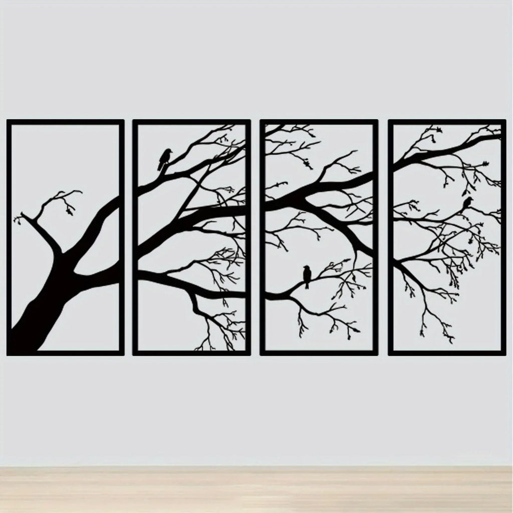 CIFbuy™ Iron Bare Branch & Bird 4-Panel Wall Art, Minimalist Style Wall Hanging, Nature Theme Home Decor (TikTok, Temu: Self-pickup available)