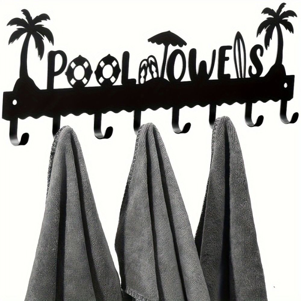 CIFbuy1 PC A very practical modern pool towel rack made of handmade iron with 8 hooks for storage, rust proof wall mounted spa beach decoration, black coati(TikTok/temu self-pickup orders)