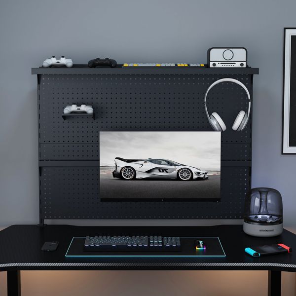 Clamp-On Desk Pegboard with Single Monitor Stand, 43x35 Inch Steel Peg Board Organizer with Hooks & Movable Panel for Gaming & Office, Black