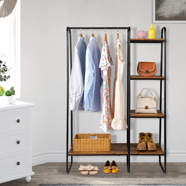 Clothes Rack with 5 Wood Shelf, Freestanding Clothing Rack, Garment Rack, Standing Metal Sturdy Clothing Rack, Black
