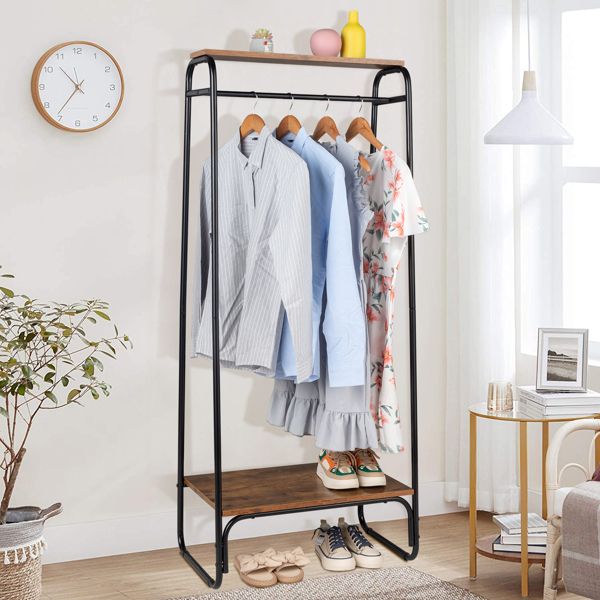 Clothes Rack with Wood Shelf, Freestanding Clothing Rack, Garment Rack, Standing Metal Sturdy Clothing Rack, Black
