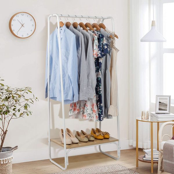 Clothes Rack with Wood Shelf, Freestanding Clothing Rack, Garment Rack, Standing Metal Sturdy Clothing Rack, White