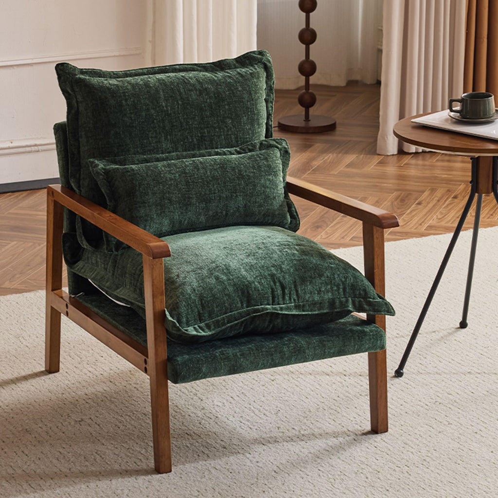 Cloud Shaped Indoor Leisure Chair with Solid Wood Armrest & Solid Wood Frame, Chenille Fabric Accent Chair with Lumbar Pillow, Single Sofa Chair Dark Green