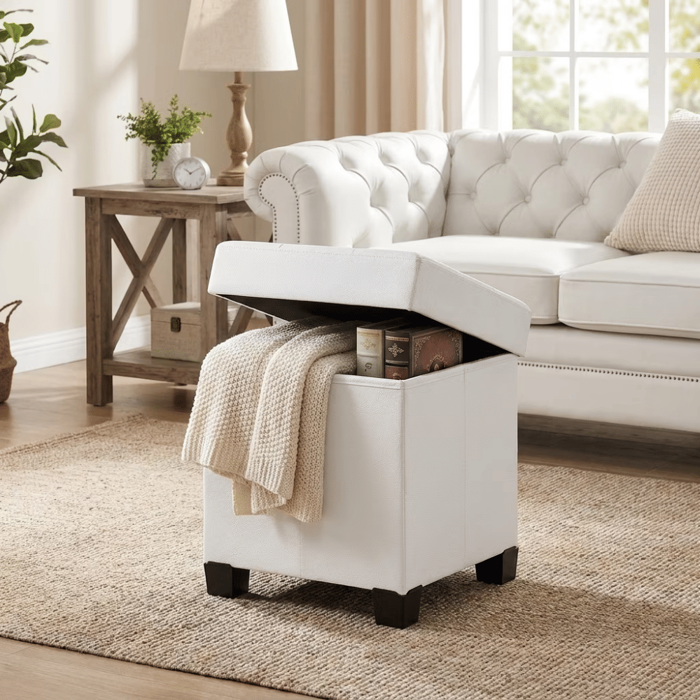 Cloud White Square FoldableStorageOttoman with 10 GallonStorage, Tufted PVC Leather Footrest