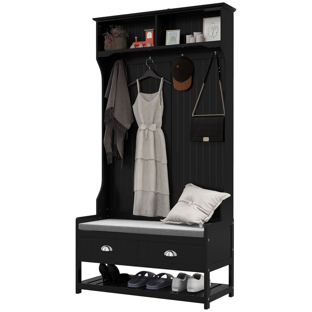 Coat Rack and Bench Hall Tree Organizer with 4 Hooks, 2 Drawers with Padded Seat Cushions for Entryway, Black