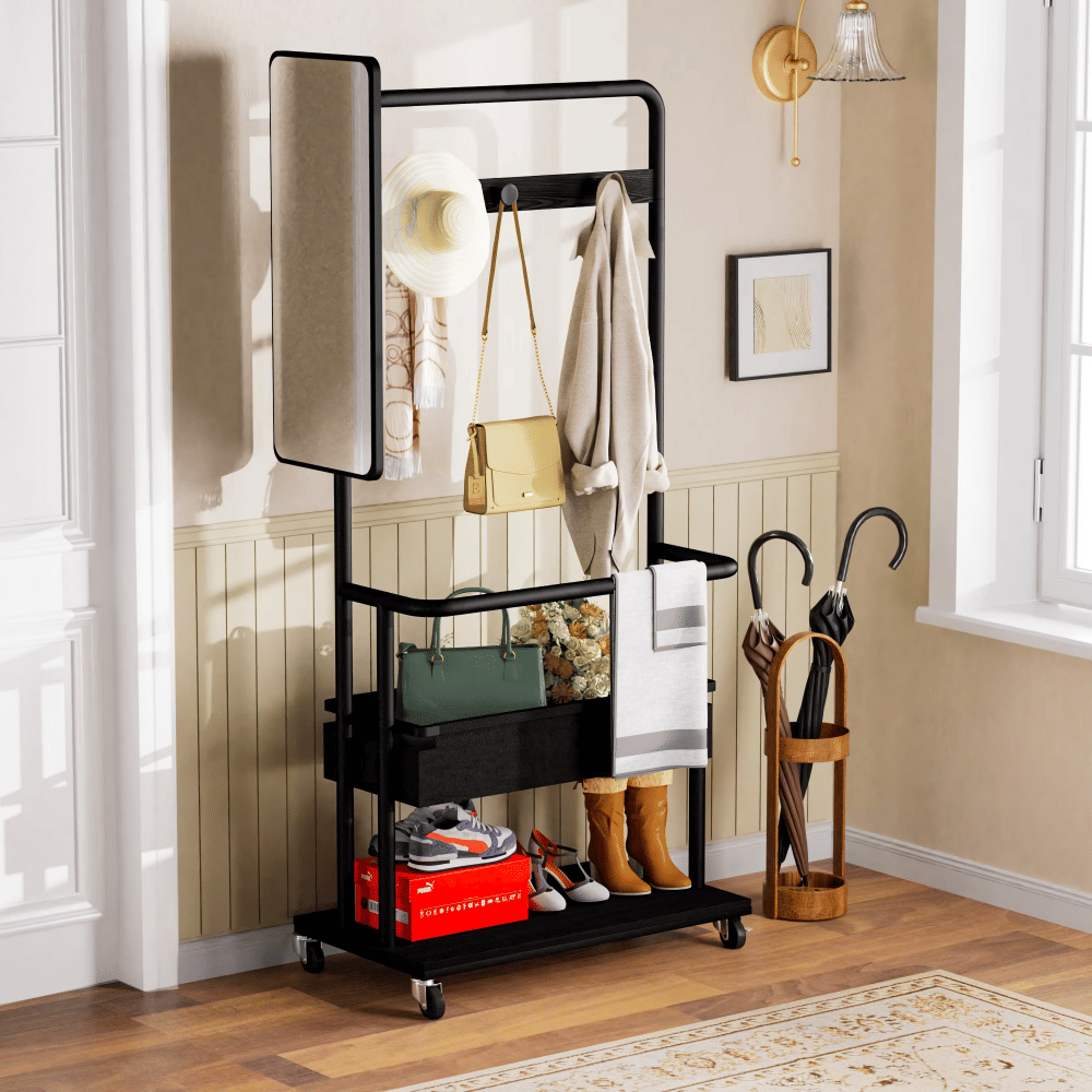 Coat RackandMobile Clothes Rack 67 Inch, RollingStorageStand with Casters and Full Length MirrorforEntryway Bedroom, Black
