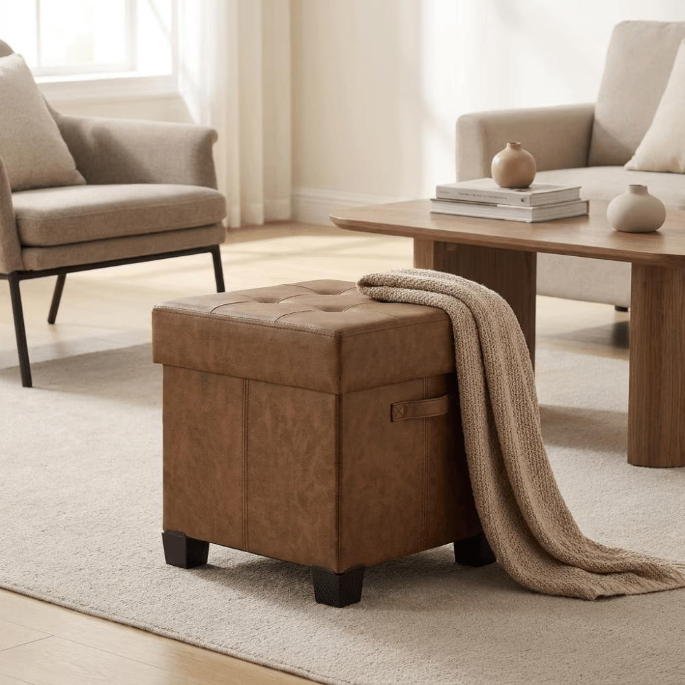 Coffee Brown Foldable OttomanStorageBench, Footstool with 660 lb Capacity