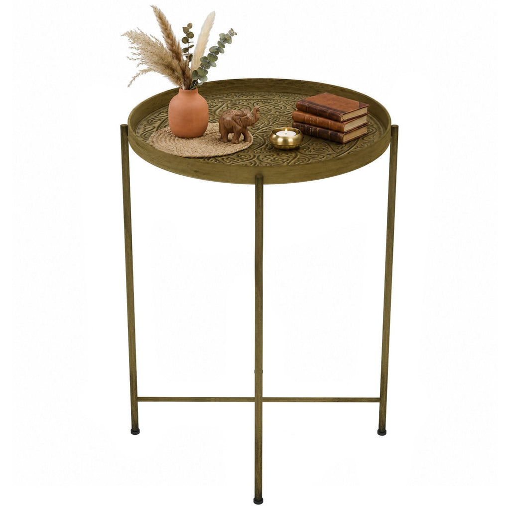 Coffee Table for Living Room, 18" Round Center Table with Hammered Tray Top and Metal Frame for Bedroom, Gold